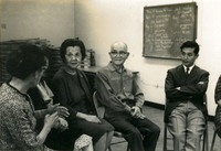 Issei Group Discussion, Item 6: Mrs. Mizoguchi (far left), Mr. Osaki, discussion leader and graduate student, School of Social Work, Loyola University(far right)