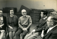 Issei Group Discussion, Item 5: Mr. Osaki, discussion leader and graduate student, School of Social Work, Loyola University (third from right), Mr.Mizoguchi (far right)