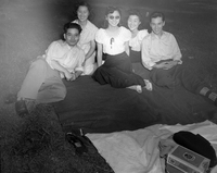 Chicago Buddhist Church [Picnic], July 4, 1948, Item 6: From left: Yutaka and Flo Oshita, Kathryn Takenouchi (center), Mary and George Maruyama