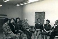 Issei Group Discussion, Item 4: Mrs. Mizoguchi (far left), Mr. Osaki, discussion leader and graduate student, School of Social Work, Loyola University(third from right), Mrs. Oye (second from right), Mr. Mizoguchi (far right)