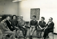 Issei Group Discussion, Item 1, front: Group discussion led by Mr. Osaki (third from right), graduate student in School of Social Work, Loyola University,Chicago.