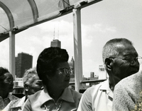 Issei Social Program, Item 79, front: Issei enjoy boat cruise on Lake Michigan, 1973. Far right: Mr. Higashigawa, second from right, Dorothy Nishimura