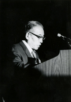 Fuji Festival, Item 10: Rev. Gyodo Kono, Buddhist priest, speaks to the guests attending the Fuji Festival 1973, which was held at the McCormick Inn, Chicago