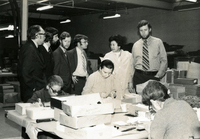 Workshop [Senior Work Center], Item 26, front: DePaul University students visit the center to study workshop programs. Second from right, standing: Pauline Yoshioka, workshop supervisor