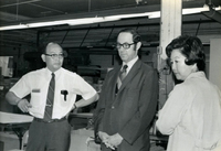 Workshop [Senior Work Center], Item 24, front: Dr. Bruce Douglas, Illinois state representative, visits the work center. From left: Mr. Nambu, Dr. Douglas, and workshop supervisor Pauline Yoshioka