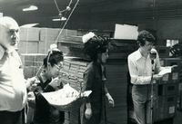 Blood Assurance, Communal Living, Issei Work Center, Body Dynamics, Annual Community Picnic, and Market Day, Item 20, front: Work Center Easter Parade. Mrs.Fricke (2nd from R), Dennis last name unknown (far R), supervisor