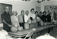 Issei Social Program, Item 7, front: Work Center people display their carved pumpkins for Halloween