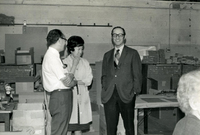 Workshop [Senior Work Center], Item 8, front: Left to right: Mr. Nambu, workshop supervisor Pauline Yoshioka, and Dr. Bruce Douglas, Illinois state representative, who was visiting the work center