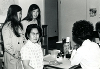 Blood Assurance, Communal Living, Issei Work Center, Body Dynamics, Annual Community Picnic, and Market Day, Item 3: Prospective donor is being screened during Blood Assurance (blood drive) in 1974