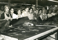 Workshop [Senior Work Center], Item 14, front: Issei workers in workshop. From left: Mrs. Minda, Mrs. Yamagiwa, Mrs. Okuda, unidentified woman, Mrs. Okamoto