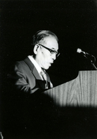 Fuji Festival, Item 30, front: Rev. Gyodo Kono, Buddhist priest, at the podium during the 1973 Fuji Festival, held at the McCormick Inn, Chicago