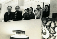 Issei Social Program, Item 24, front: Issei visit flower show at McCormick Place. Far left: Mrs. Monma, far right: Mrs. Morita (Tamano)