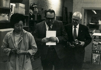 Workshop [Senior Work Center], Item 21, front: From left: Pauline Yoshioka, workshop supervisor, escorts visitors Mike Lerner and David Taylor during their tour of the work center