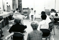 Blood Assurance, Communal Living, Issei Work Center, Body Dynamics, Annual Community Picnic, and Market Day, Item 8, front: Body Dynamics class led by Rev. Andrew Oyama (center, wearing white T-shirt). Class assistant was Mrs. Orita