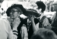 Blood Assurance, Communal Living, Issei Work Center, Body Dynamics, Annual Community Picnic, and Market Day, Item 25, front: Easter Parade participants made hats and ties from materials available in the work center. Mary Ishibashi