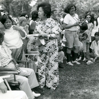 Annual [Community] Picnic, Item 12, front: Masako Inouye (left foreground) and Aya Yamakoshi (right, wearing print fabric outfit)