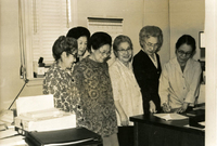 Issei Social Program Sign-up, Item 3, front: Left to right: Mrs. Karikomi, Mrs. Okamoto, unidentified woman, Mrs. Sato, unidentified woman, and Cecilia Ishibashi