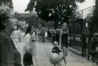 Issei Social Program, Item 3, front: Issei enjoying trip to Lincoln Park Zoo. Third from left: Mrs. Nakao (holding bag)