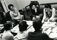 Quilting Class, Item 1, front: (facing camera) Edna Shirakawabe (second from left), Dorothy Kaneko (second from right), and Mary Sabusawa (far right)